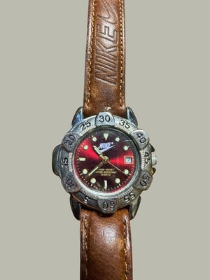 Vintage Nike Watch Red Dial Diver Style Quartz Brown Leather Band Water