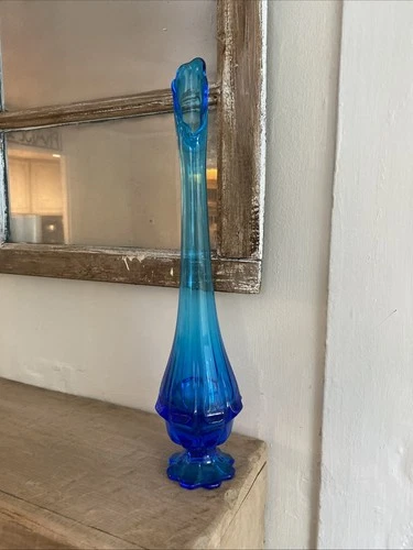 Rare Vintage MCM 15” Blue Fenton Hand Blown Swung Stretch Valencia Colonial Vase