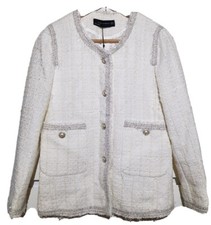 Zara Fantasy Tweed Blazer Jacket Pearl Ivory White Silver Sz Xs Bnwt