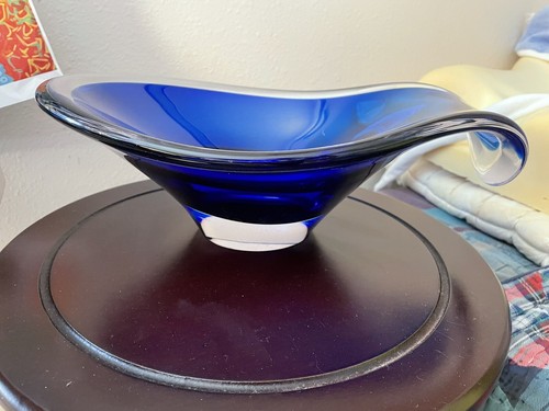 Flygsfors Coquille Glass Bowl Blue & Clear Signed Swedish Mid Century Modern Art - Picture 4 of 11