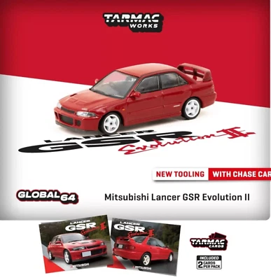 TARMAC WORKS Mitsubishi Lancer GSR Evolution II Red mit 2 TRADING CARDS