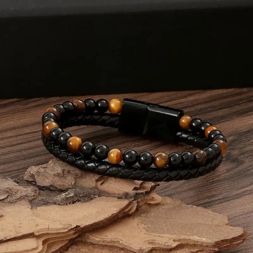 Armband Leder geflochten Perlen Tigerauge Obsidian 2-fach Perlenarmband Unisex - Bild 3 von 4