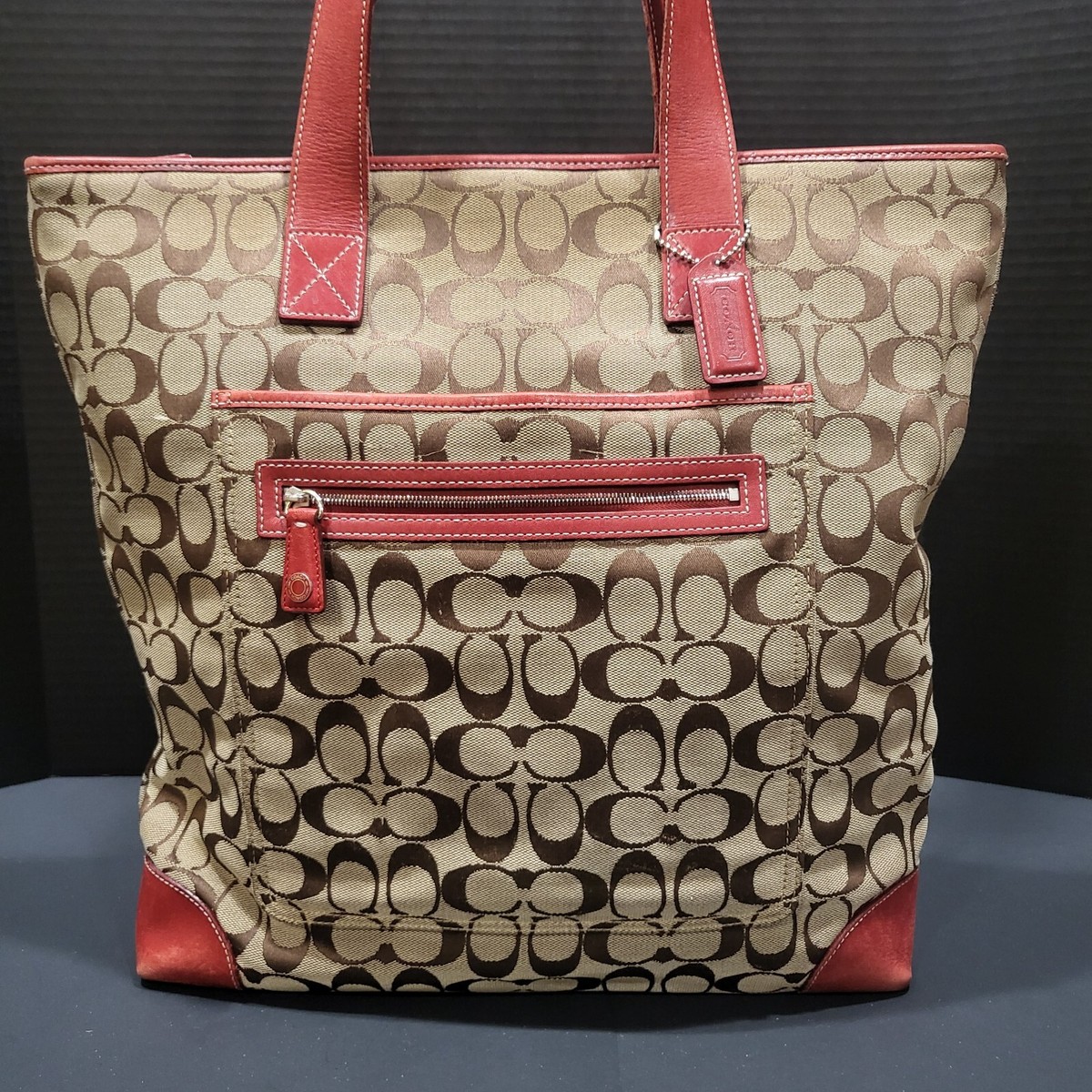 Coach Signature Khaki Red Jacquard Zippered Tote Bag 6071 | eBay