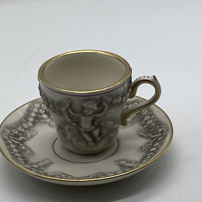 Vintage German N With Crown Cherub Repousse Cup & Saucer Demitasse Blue N Crown