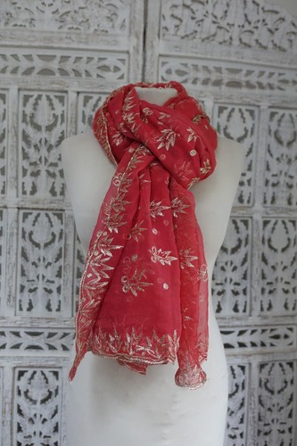 Chal Chunni Dupatta de Coral Seda Gasa Chal Dupatta Bollywood Indio SKU19024 - Imagen 9 de 10