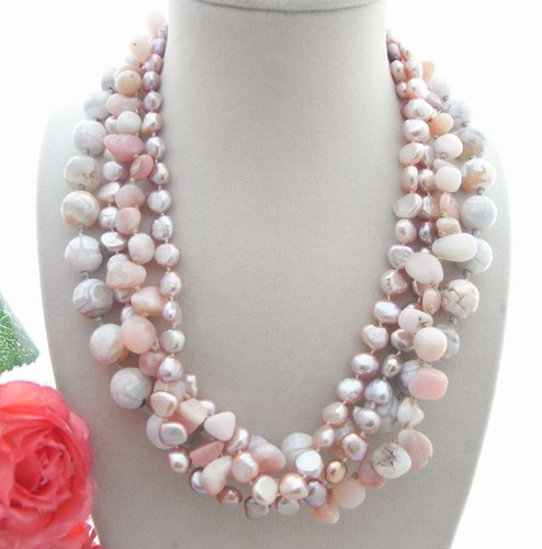 "Collar Perla Púrpura Ópalo Rosa Ágata Blanca 4 Filas Hebras 18" - Imagen 4 de 4