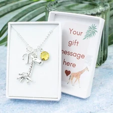 Giraffe Necklace, Initial And Birthstone, Kids Animal Jewellery, Zoo Day Gifts