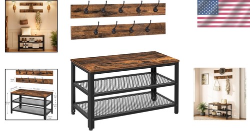 Stylish Shoe Rack Organizer with Coat Hooks - Rustic Brown & Black Hall Tree - Picture 2 of 9