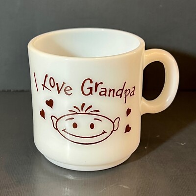 Vtg I LOVE GRANDPA White Milk Glass Mug Grandchild Kid Cup Grandfather Family
