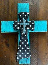 Wooden Cross Wall Sign Decor Turquoise Black White Dots 14X 10.75 Farmhouse