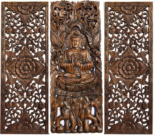 Buddha with Elephant Wood Carved Wall Decor Panel. Wall Art Brown 35.5"x13.5" - Picture 4 of 4