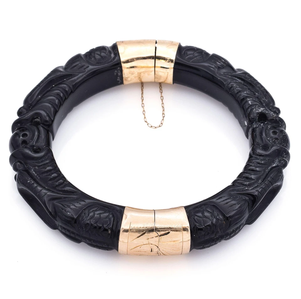 复古 14K 黄金黑色玛瑙铰边 Pixiu 雕刻手镯手链 — 第 3/4 张图片