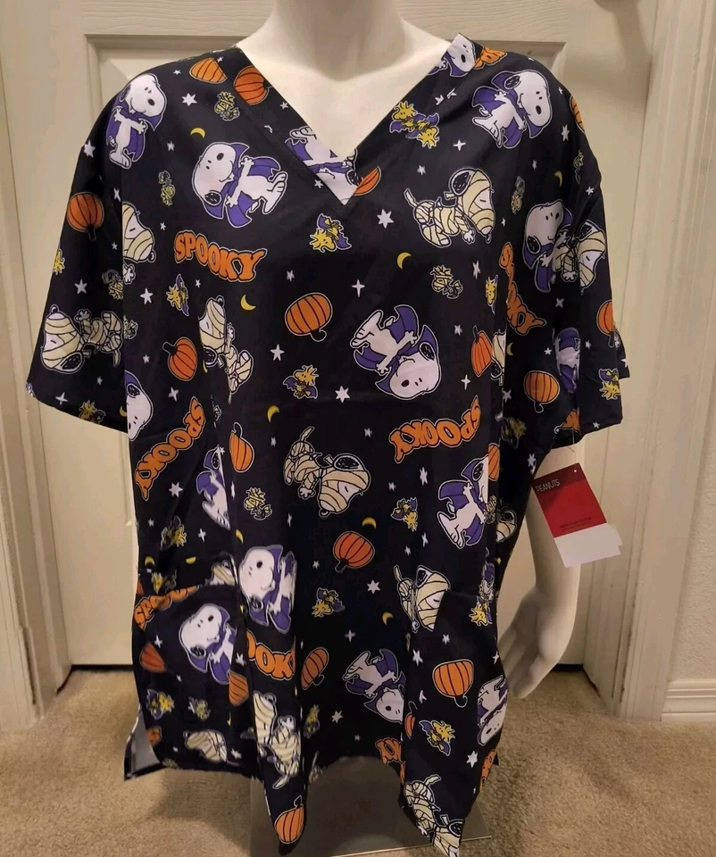 Scrub Club Peanuts Snoopy Halloween Black 🎃Pumpkin Scrub Top NEW! Free Ship! - Image 2 of 4