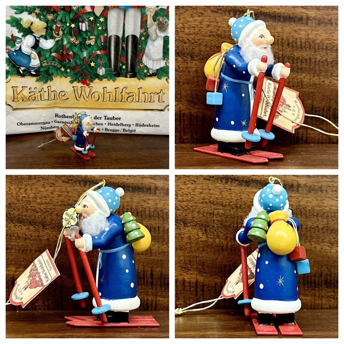 NEW 2004 Kathe Wohlfahrt Blue Santa on Skis Christmas Ornament