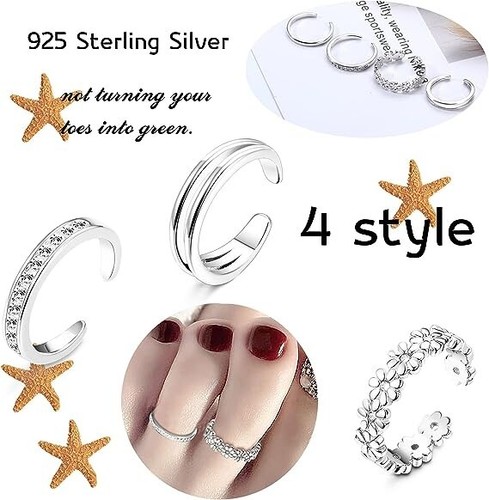 4 Style 925 Sterling Silver Toe Rings Open Adjustable Accessories Set Fits Women - Picture 2 of 4