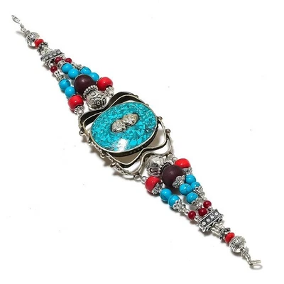 Bracelet corail rouge turquoise fait main bijou vintage tibétain népalais... - Photo 1/4
