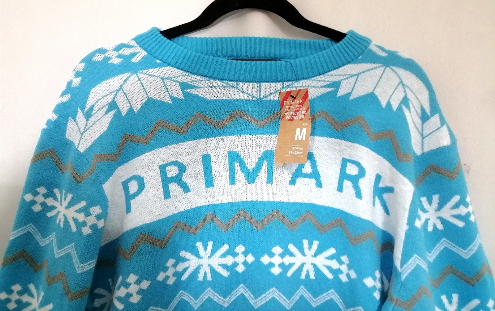 Primark Logo Brown Bags Store Christmas Snowflakes Blue Jumper Sweater Size M image 2