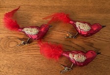 3 Blown Glass Red Cardinal Bird Christmas Ornaments Feather Tail Clip-on