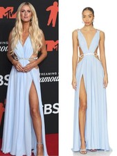 NEW Bronx Banco Brielle Powder Blue Diamond Gown Elegant Plunge Cutout dress, XS
