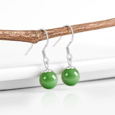 Pure S925 Sterling Silver Hetian Jade Women Round Ball Bead Dangle Earrings