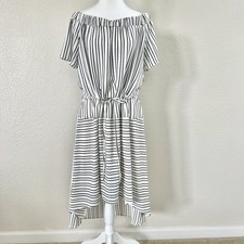 Halston Heritage Off Shoulder Striped Dress White Black Hi Low Tie Waist Women L
