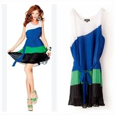 NEW Vintage Y2K 2001 Bebe Chiffon Pleated Colorblock Sleeveless Belted Dress XS