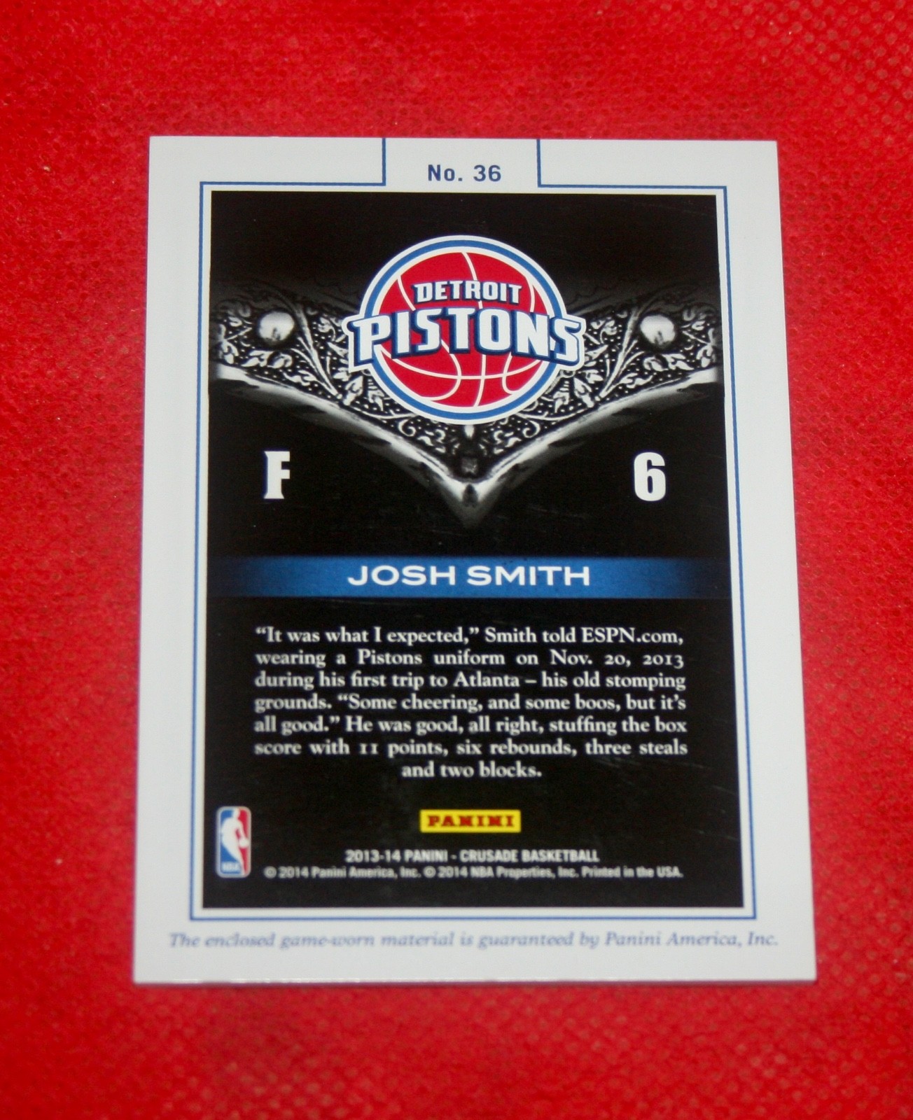 2013-14 Panini Card #36 - Pistons Josh Smith Game Used Jersey Patch view 2
