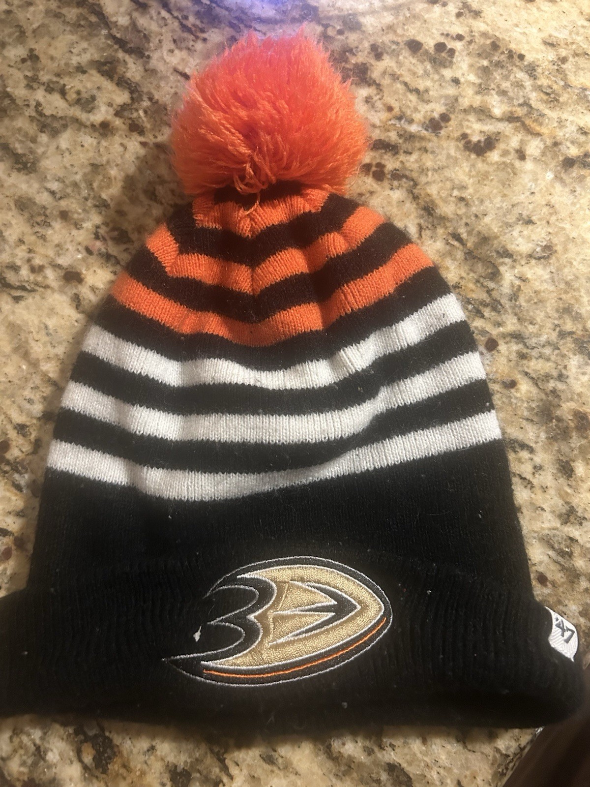 Anaheim Ducks Unisex Striped Beanie Hat Pom-Pom Black Orange White One Size