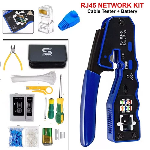 RJ45 Network Tool Kit Cat5e Cat6 Ethernet Crimper Pass-Through Plug Tester Bag - Picture 2 of 8