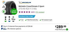 2 Michelin tyres, Half Price, 275/40 R20,  CROSSCLIMATE 3 SPORT, practically NEW