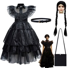 Kids Girls Wednesday The Addams Family Costume Halloween Dress Birthday Party UK