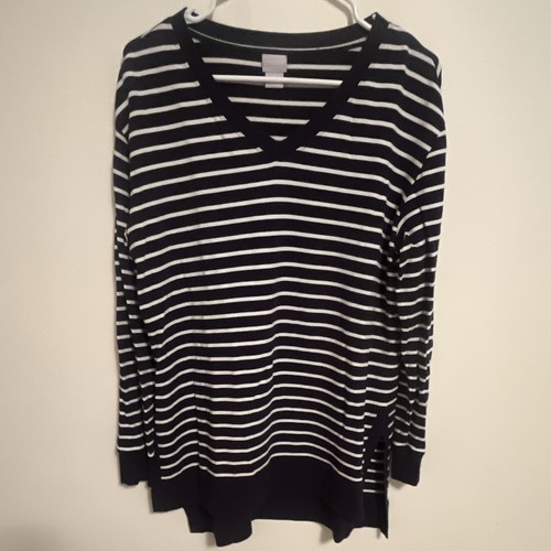 Women’s Chico’s Size 1 Navy and White Striped Long Sleeved Light Weight Sweater