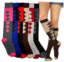 Women's Pack of 6 or 12 Knee High Socks 9-11 6 Pair Pack: Contrast Argyle