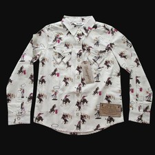 Wrangler Girl's XL Long Sleeve Rodeo Bucking Bronc Bull Western Print Snap Shirt