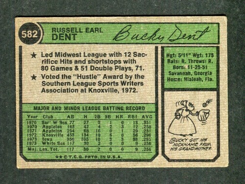 Bucky Dent Chicago White Sox MLB Baseball Rookie Card #582 RC 1974 Topps - Picture 2 of 2