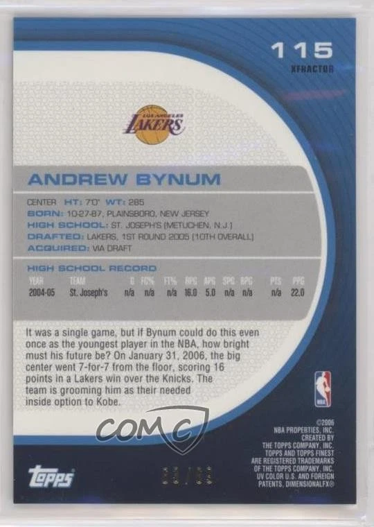 2005-06 Topps Finest Green X-Fractor /69 Andrew Bynum #115 Rookie RC - Image 2 of 2