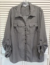 Notations Brown/Black Squares Button Up Long Tab Sleeve Blouse Pocket Size 2XL