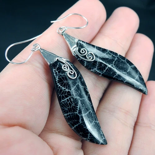 925 Sterling Silver Teardrop Black Natural Coral Earrings Jewelry, RCE-258