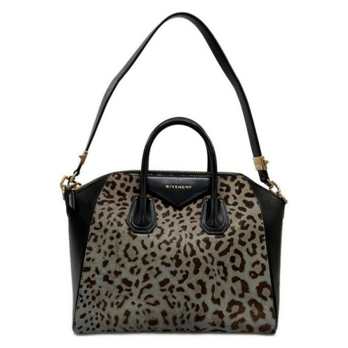 GIVENCHY Antigona Medium Shoulder Bag Handbag Zip Leopard Pony Hair Leather Gray