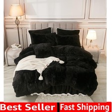 Plush Black Duvet Cover Queen, Fluffy Soft Faux Fur Velvet Comforter Cover, L...