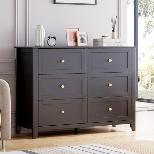 Wood Dresser for Bedroom, Chest of Drawers with 6 Drawer & Metal Handle, Closet Store Organizer for Living Room - Grey Wood Dresser for Bedroom, Chest of Drawers with 6 Drawer & Metal Handle, Closet Store Organizer for Living Room - Grey