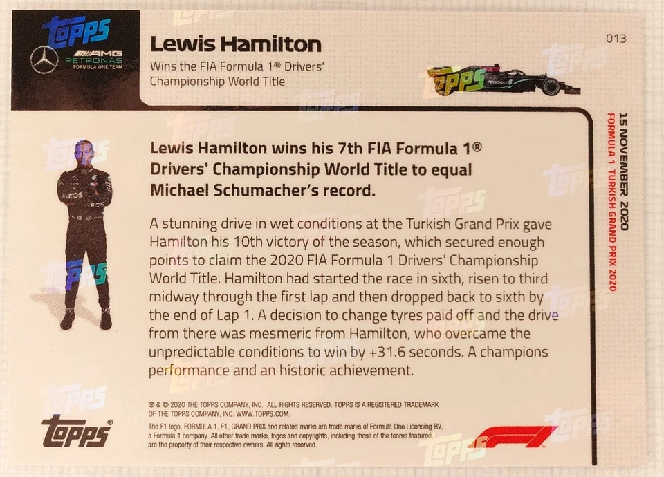 2020 Topps Now F1 Formula 1 Lewis Hamilton #013 Wins World Championship Mercedes - Image 2 of 2