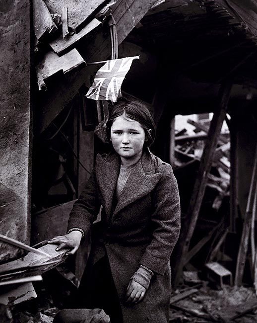 WWII English Girl Standing Among Ruins Holding Union Jack Flag 11x14 Glossy Photo Print