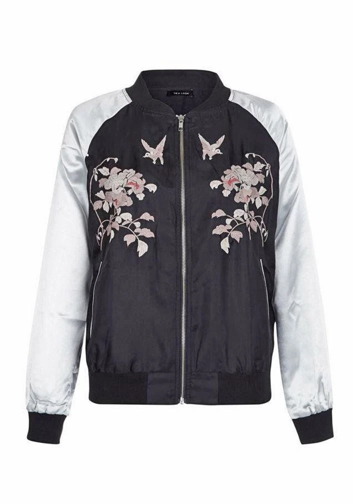 Womens Silver Black Satin Jacket Embroidered Silky Bomber Jacket