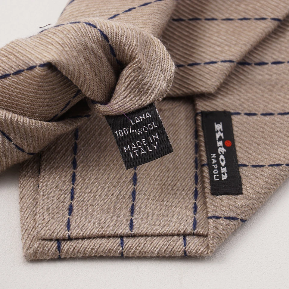 全新 $295 KITON NAPOLI 7 折叠燕麦片棕褐色和海军蓝条纹羊毛领带 — 第 3/3 张图片