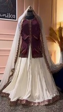 Stylish Natural Crepe Silk Wine Top Lehenga With Dupatta For Reception Wear