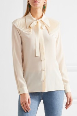 Gucci Lace Trimmed Crystal Embellished Silk Crepe De Chine Bow