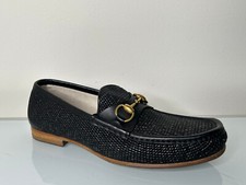 Gucci Men's Black Straw Gold Horsebit Slip on Loafer 6.5 G / 7.5 US
