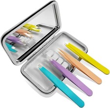 Pinzas para cejas profesionales de acero inoxidable con estuche de viaje, 4 Pack