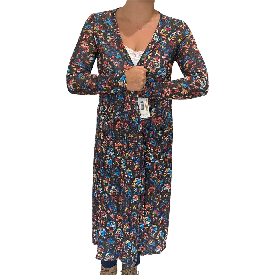 LULAROE Sarah Cardigan Sweater Duster Long Pockets Linen Rainbow Print NWT S 🦄 - Image 2 of 4